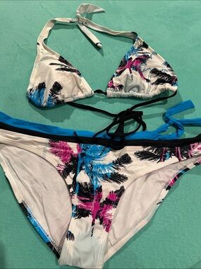 Body glove White Tropical Palm Triangle Bikini Set with Pink & Blue Accents